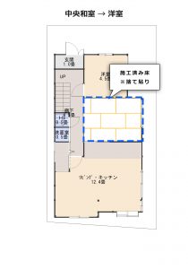 寝室の施工済み床捨て貼りを示す図面