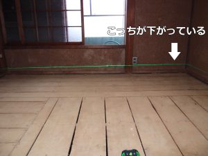 2階の床の傾きをレーザーで確認