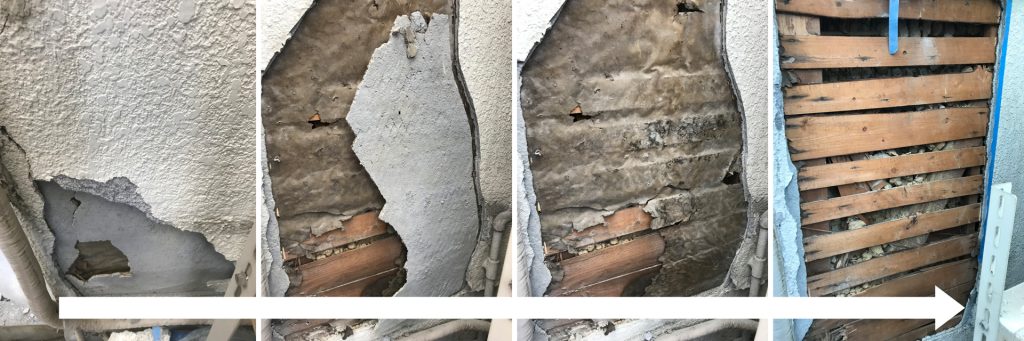 最も被害が大きい場所のモルタル壁撤去を4枚の画像でビフォー・アフターを表現
