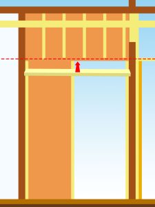 床と天井下地を組んでしまっているので梁と土台間の通し間柱を入れる事が難しいというので「まぐさ」で割って上限の間柱を入れるという案を示す立面イラスト