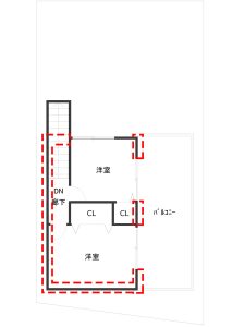 2階の土壁を塗り継ぐ箇所を間取り図で明示