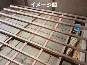 2階6畳部屋の床　根太組みの写真にイラストを挿入して根太組みの完成状態をイメージ