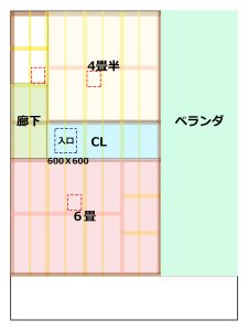 2階の間取りに各部屋へ付ける点検口を示した平面図面