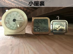 小屋裏に設置したアナログ温湿度計、デジタル温湿度計、オーブン用温度計