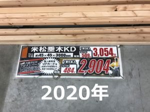 2020年度ホームセンターにおいての米松45mmx45mm (寸5)3m 1本の販売価格