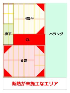 現在の桁上断熱の施工エリアと未施工エリアを示す2階平面図面