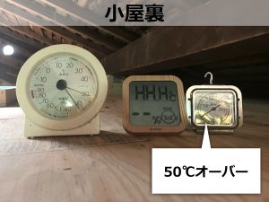 小屋裏温度が50度を超えた場合のアナログ温湿度計とデジタル温湿度計とオーブン用温度計の表示