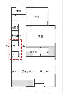 1階平面図面 ランドリールームとキッチンパントリーを図面でフォーカス