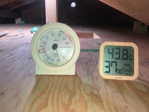 小屋裏床へ設置されているアナログ温湿度計(針は温度44〜45℃を湿度37〜38%を指す)とデジタル温湿度計(温度43.8℃、湿度37%)