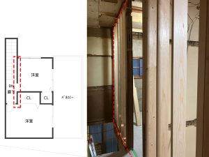 作成した2階の廊下と部屋を区切る間仕切り壁と位置を示す間取り図面