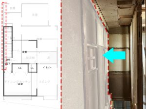 今回作成する2階廊下壁部分をフォーカスした写真と間取り図面