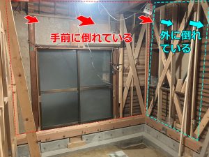 1階リビングの壁2辺の傾き方向を矢印で示した部屋全体写真