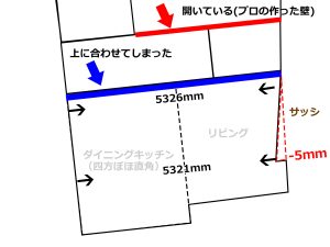 本来の角度よりズレて立てられた壁の通りを踏襲し作られたLDKの寸法及びサッシ角度とのズレた寸法を示した平面図