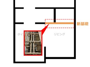 ユニットバスを設置するためLDKの一部を間取り変更し、それに伴い基礎を追加した旨示す平面図