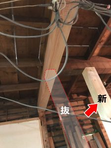 間取り変更に伴い柱を抜き補強後新しい柱を立てた位置を示す写真イラスト