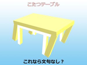 傾いた脚へ垂直に重ね梁をと下から支える添え柱を模しすべての脚に補強したこたつテーブルのイラスト