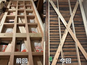 筋交いだダブルに格子状下地を組んだ壁と筋交いダブルに間柱を立てた壁の比較