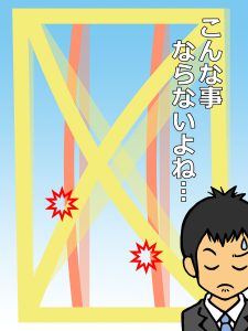 間柱に留め付けたたすき掛けダブル筋交いが地震で動いた場合に間柱を圧迫するイメージ