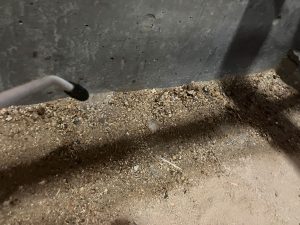 床下基礎周りへ棒蟻剤を噴霧器で土壌散布中