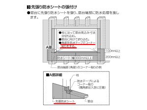 LIXIL 先張り防水シート、防水テープ 取付け説明書 先張り防水シートの張付け 角部を防水テープでコーナー貼りをする