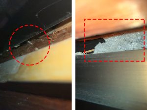 隙間から見えるアルミサッシを取り付けるためのビスとモルタル