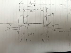 埋め込み型造り付けキャビネット手書き図面 上から