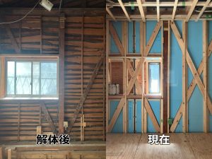 土壁解体直後と基礎補強・土台補強を行い筋交い復活・追加し内装下地の施工も行った現在の状態